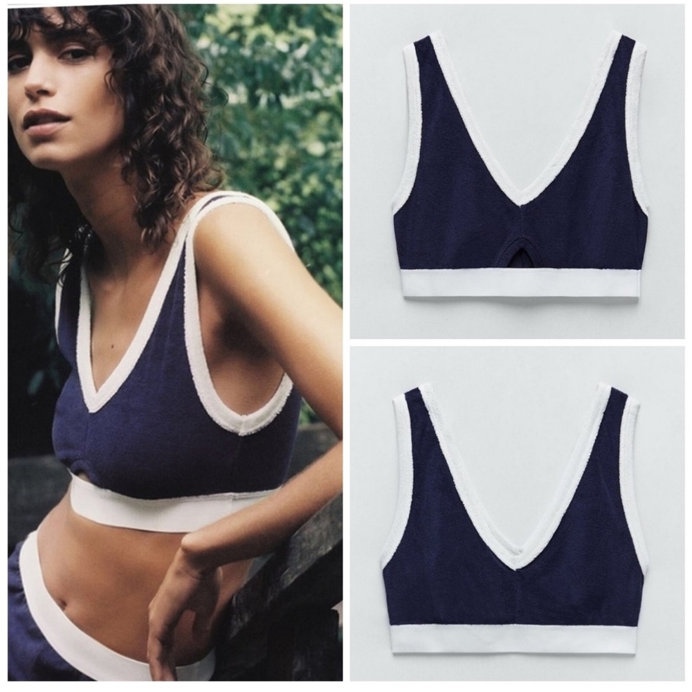 4/$25 NWOT Zara Navy and White Terry Cloth Crop Top